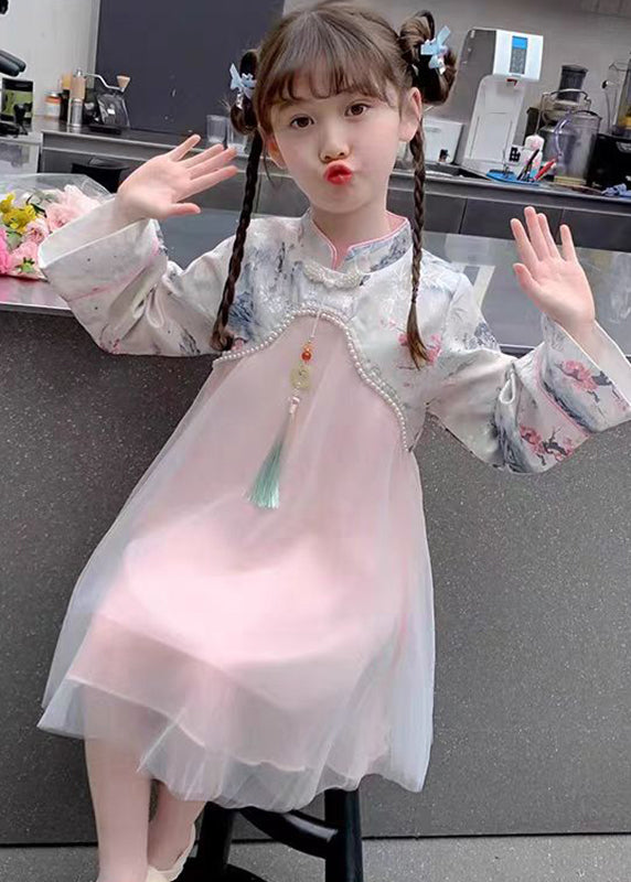 Maxi-Kleid für Kinder, Perlen, chinesischer Tüll, Nagelkragen, Ständer, Rosa