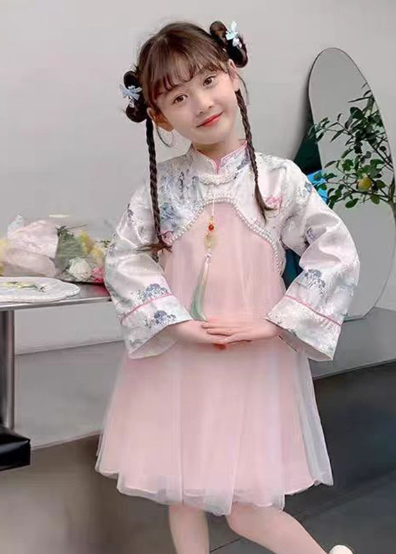 Maxi-Kleid für Kinder, Perlen, chinesischer Tüll, Nagelkragen, Ständer, Rosa