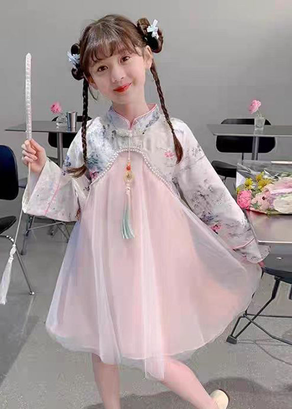 Maxi-Kleid für Kinder, Perlen, chinesischer Tüll, Nagelkragen, Ständer, Rosa