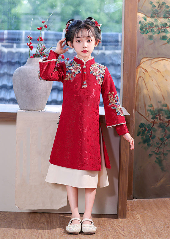 Chinesisches Kleid Kinder Bestickt Maxi Rot Nagel Perle Stil Frühling