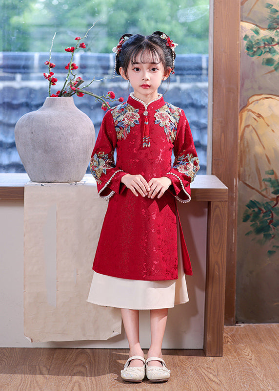 Chinesisches Kleid Kinder Bestickt Maxi Rot Nagel Perle Stil Frühling