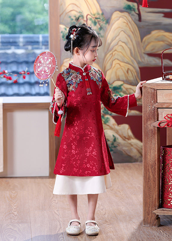 Chinesisches Kleid Kinder Bestickt Maxi Rot Nagel Perle Stil Frühling
