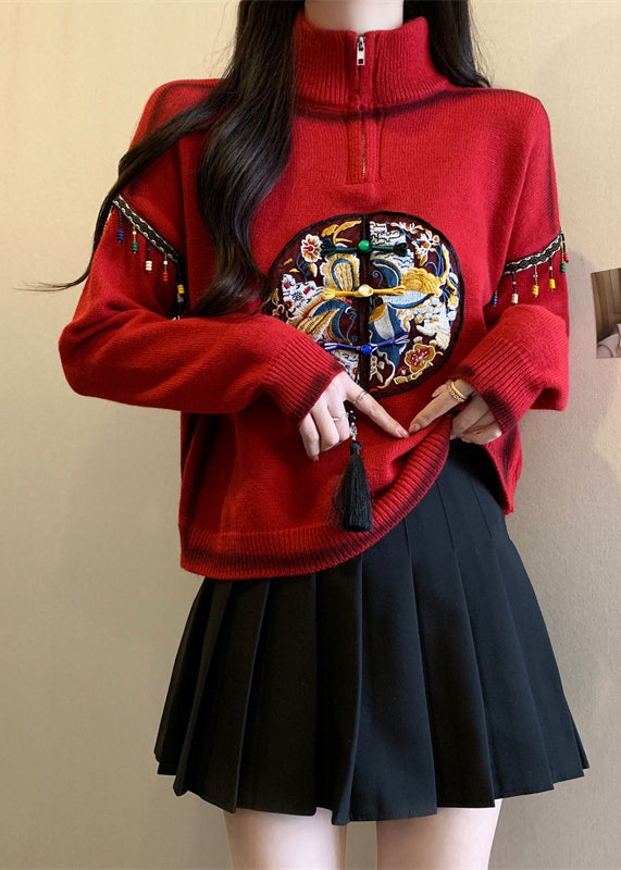 Chinesischen Stil Rot Hign Neck Bestickt Stricken Pullover Frühling TQ032