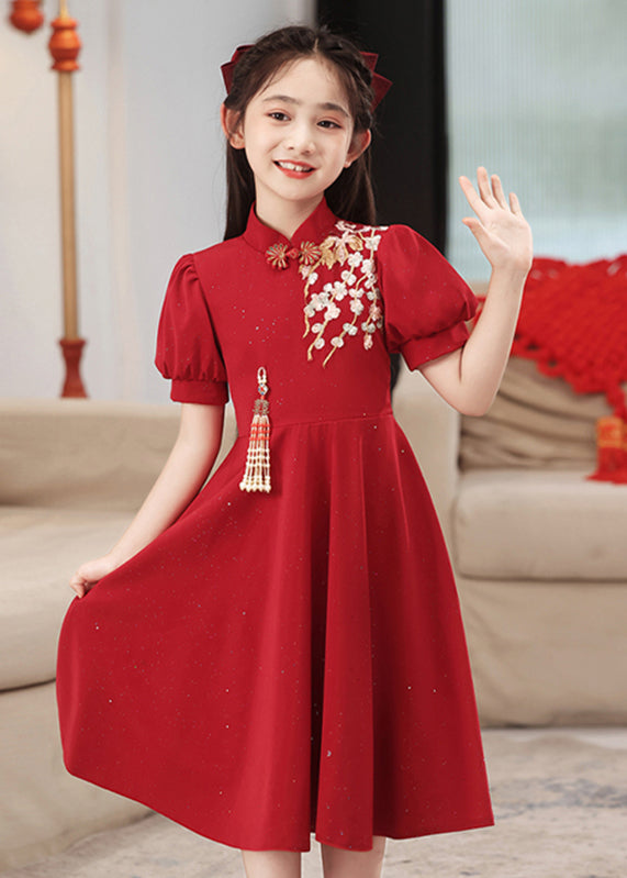 Chinesische Lange Print Kinder Patchwork Stil Ärmel Rot Kleid Puff