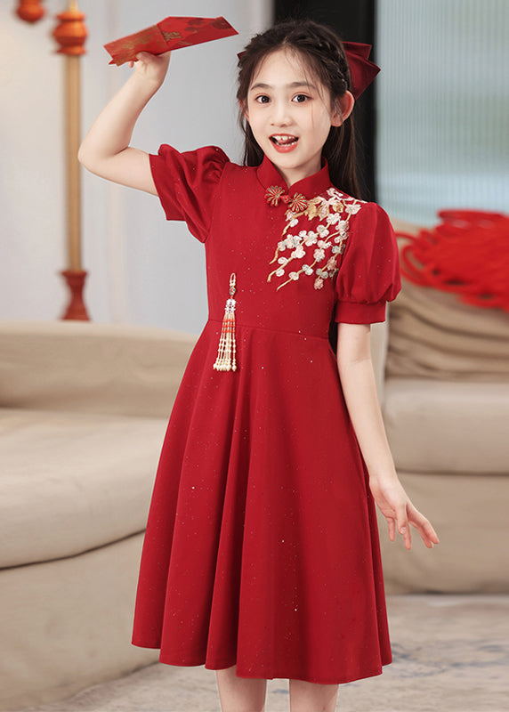 Chinesische Lange Print Kinder Patchwork Stil Ärmel Rot Kleid Puff