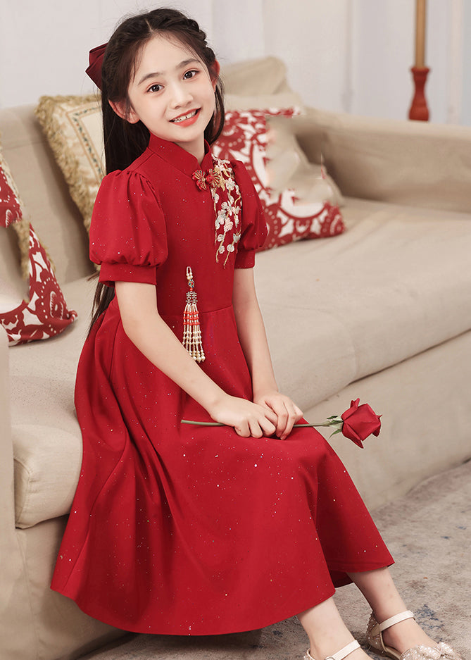 Chinesische Lange Print Kinder Patchwork Stil Ärmel Rot Kleid Puff