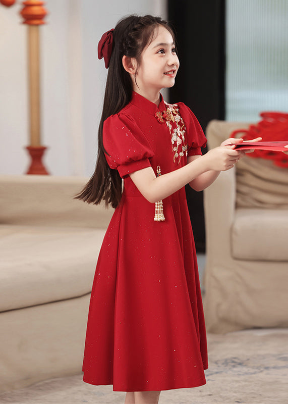 Chinesische Lange Print Kinder Patchwork Stil Ärmel Rot Kleid Puff