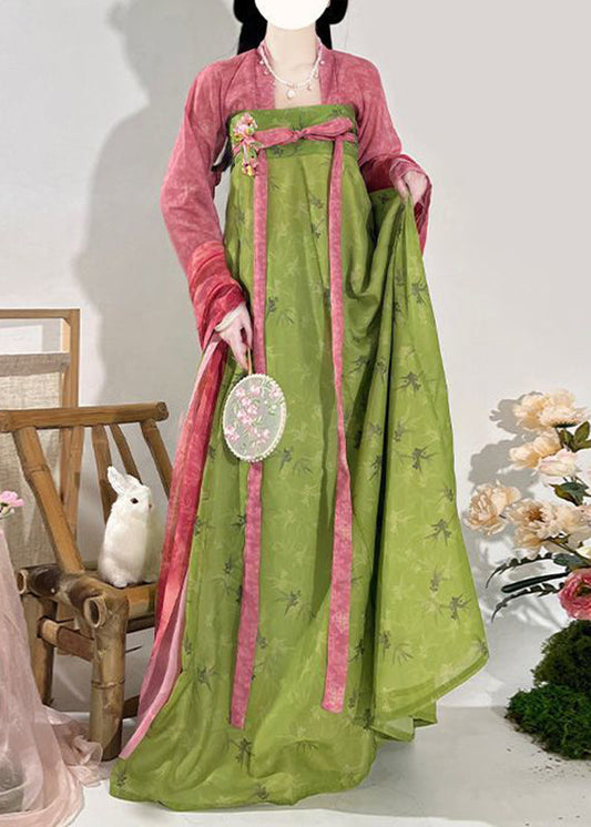 Ensemble deux pièces, haut et jupe rouge à imprimé chinois d'automne