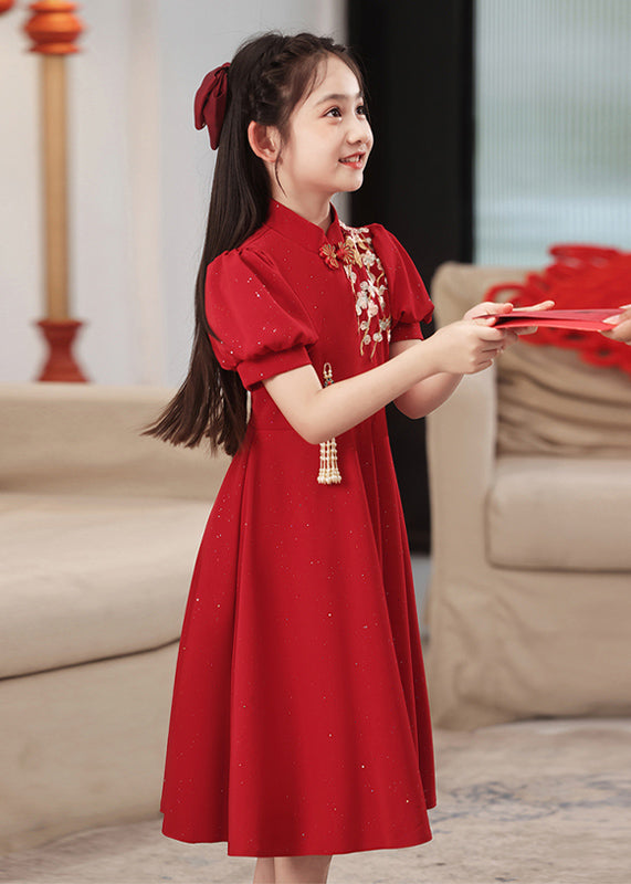 Kurzer Kragen Mädchen Chinesischer Stil Stand Patchwork Maxikleider Rot