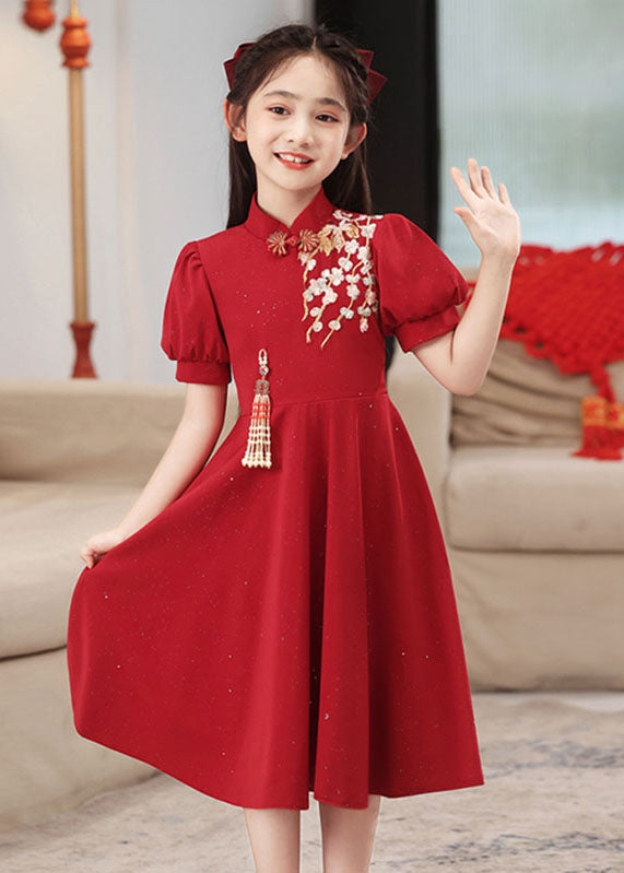 Kurzer Kragen Mädchen Chinesischer Stil Stand Patchwork Maxikleider Rot