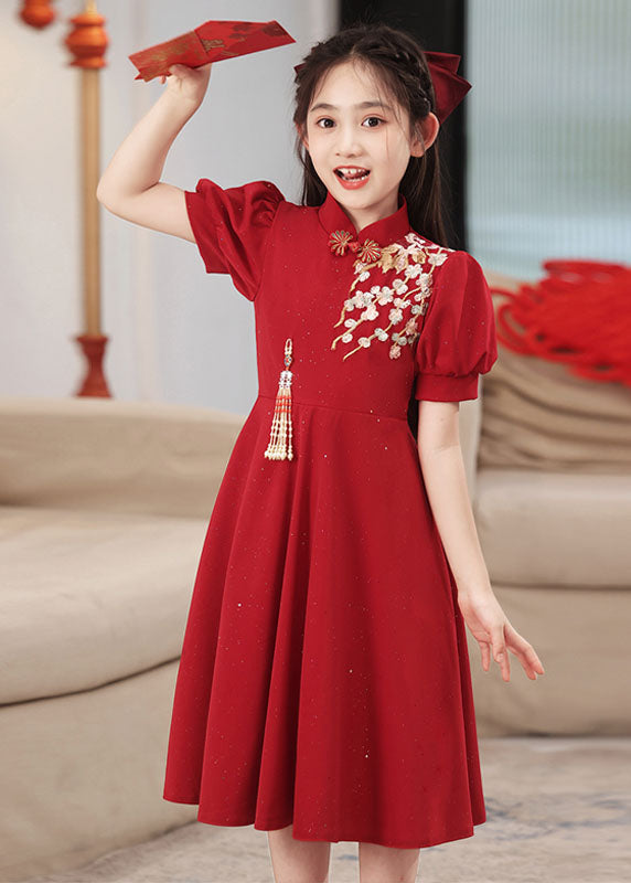 Kurzer Kragen Mädchen Chinesischer Stil Stand Patchwork Maxikleider Rot