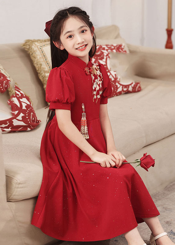 Kurzer Kragen Mädchen Chinesischer Stil Stand Patchwork Maxikleider Rot