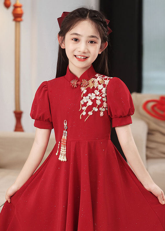 Kurzer Kragen Mädchen Chinesischer Stil Stand Patchwork Maxikleider Rot