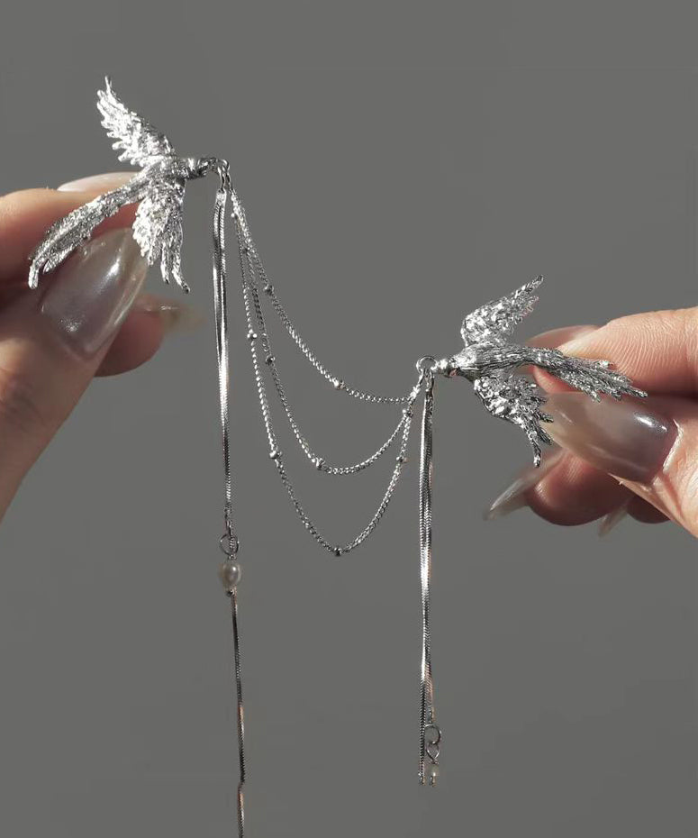 Brosche aus Sterlingsilber mit Quaste im chinesischen Stil, Seide, Perle, Phönix auf der Suche nach einem Partner, RA021