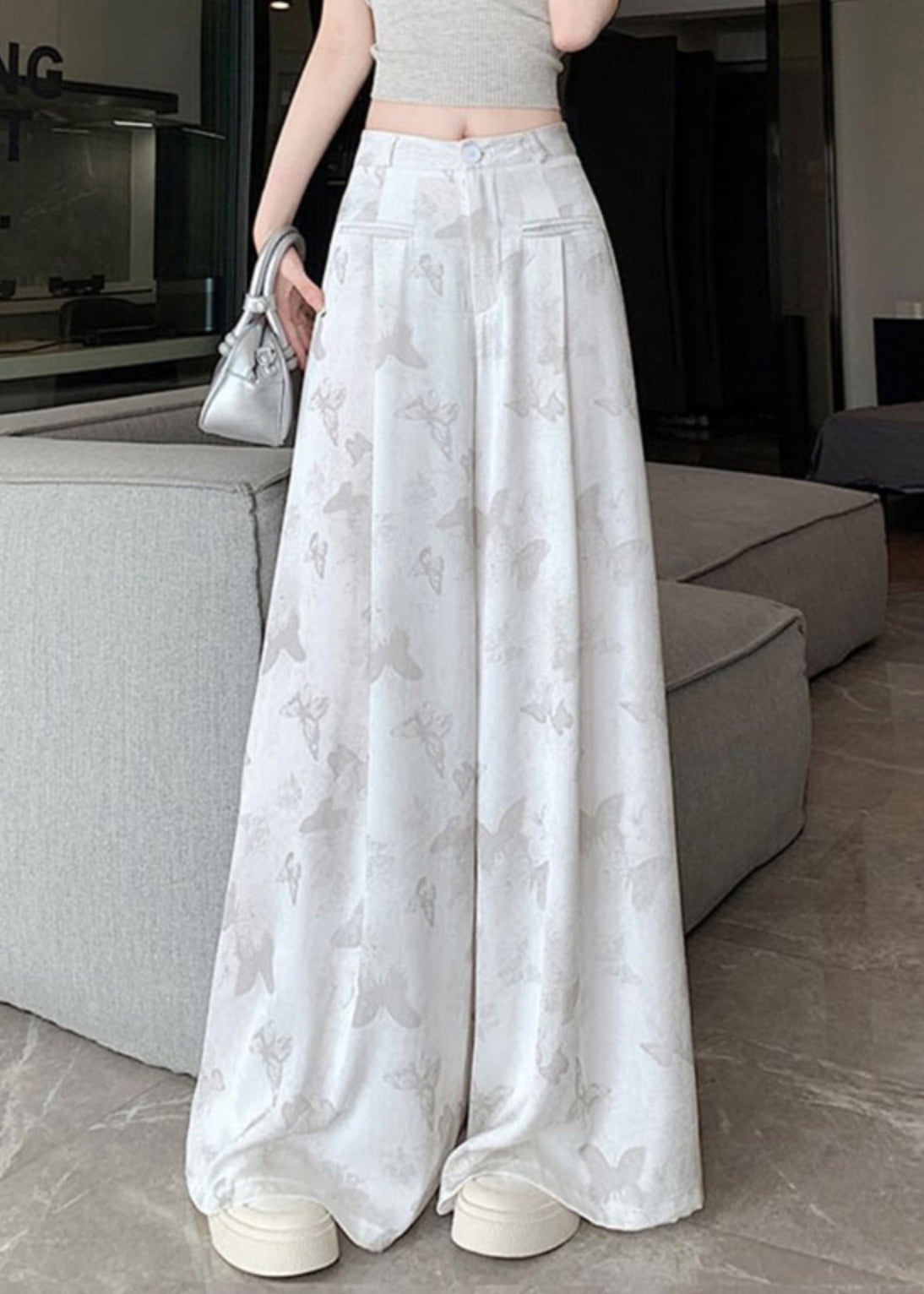 Pantalon blanc à imprimé papillon et poches florales style chinois