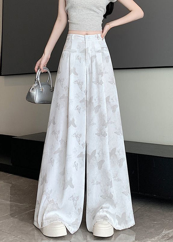 Pantalon blanc à imprimé papillon et poches florales style chinois