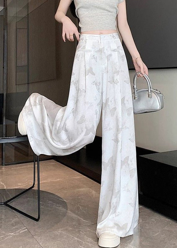 Pantalon blanc à imprimé papillon et poches florales style chinois