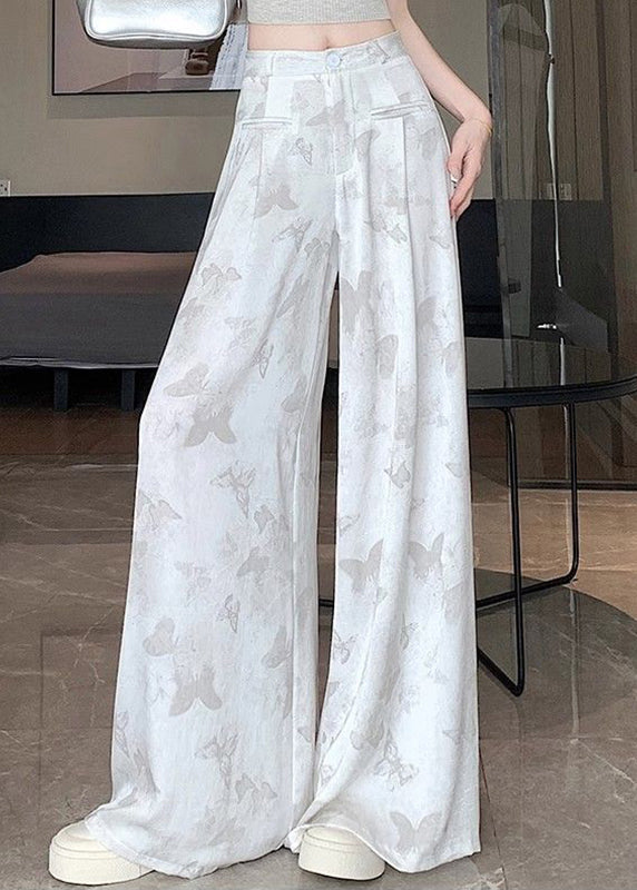 Pantalon blanc à imprimé papillon et poches florales style chinois