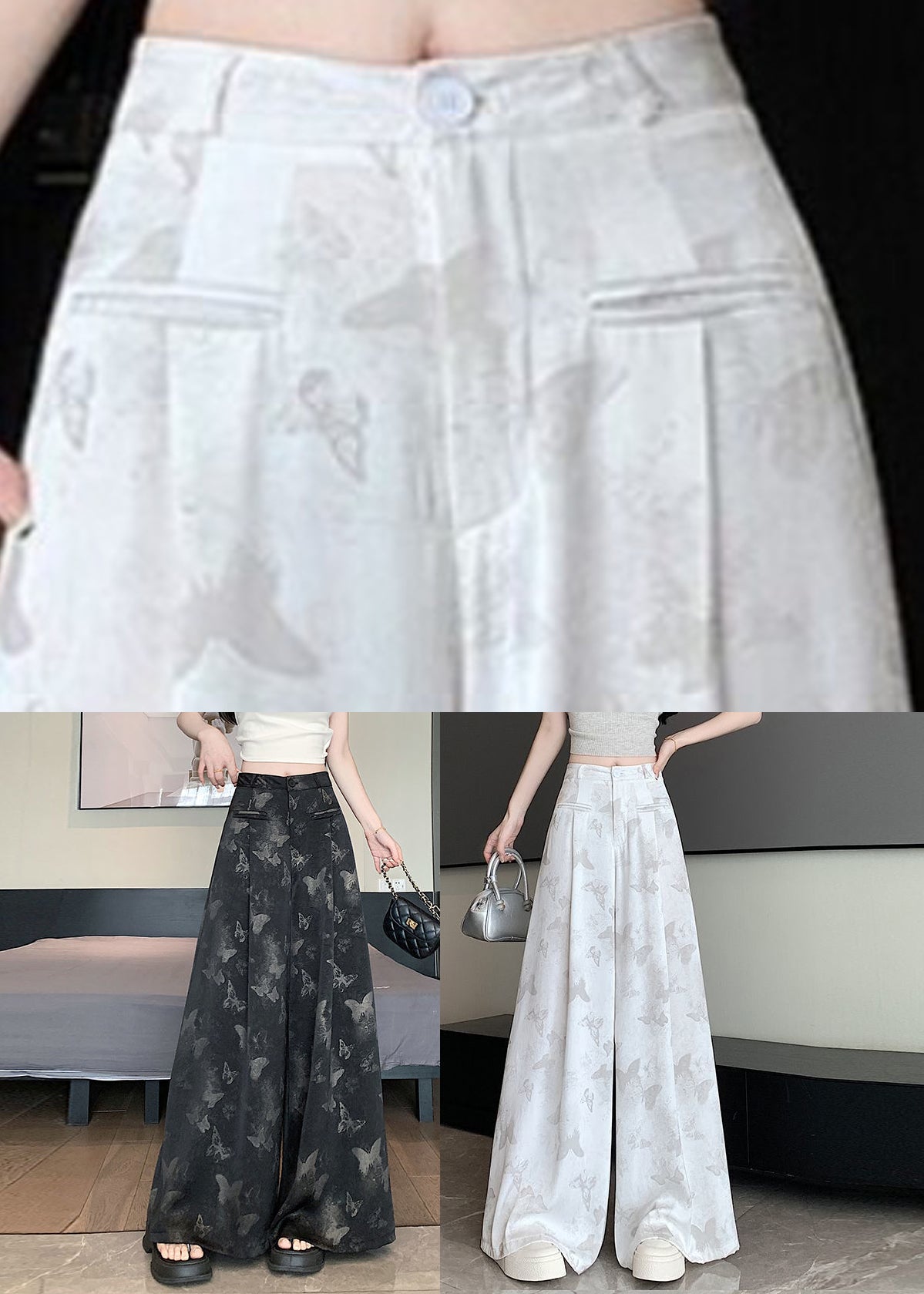 Pantalon blanc à imprimé papillon et poches florales style chinois