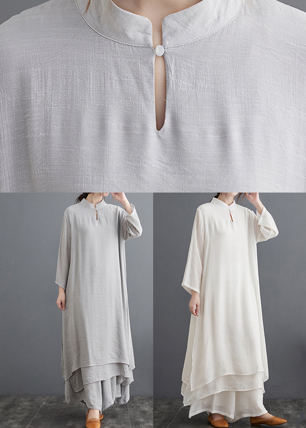 Chinesischen Stil Weiß Stehkragen Leinen 2 Stück Outfit Frühling Sommer AP015