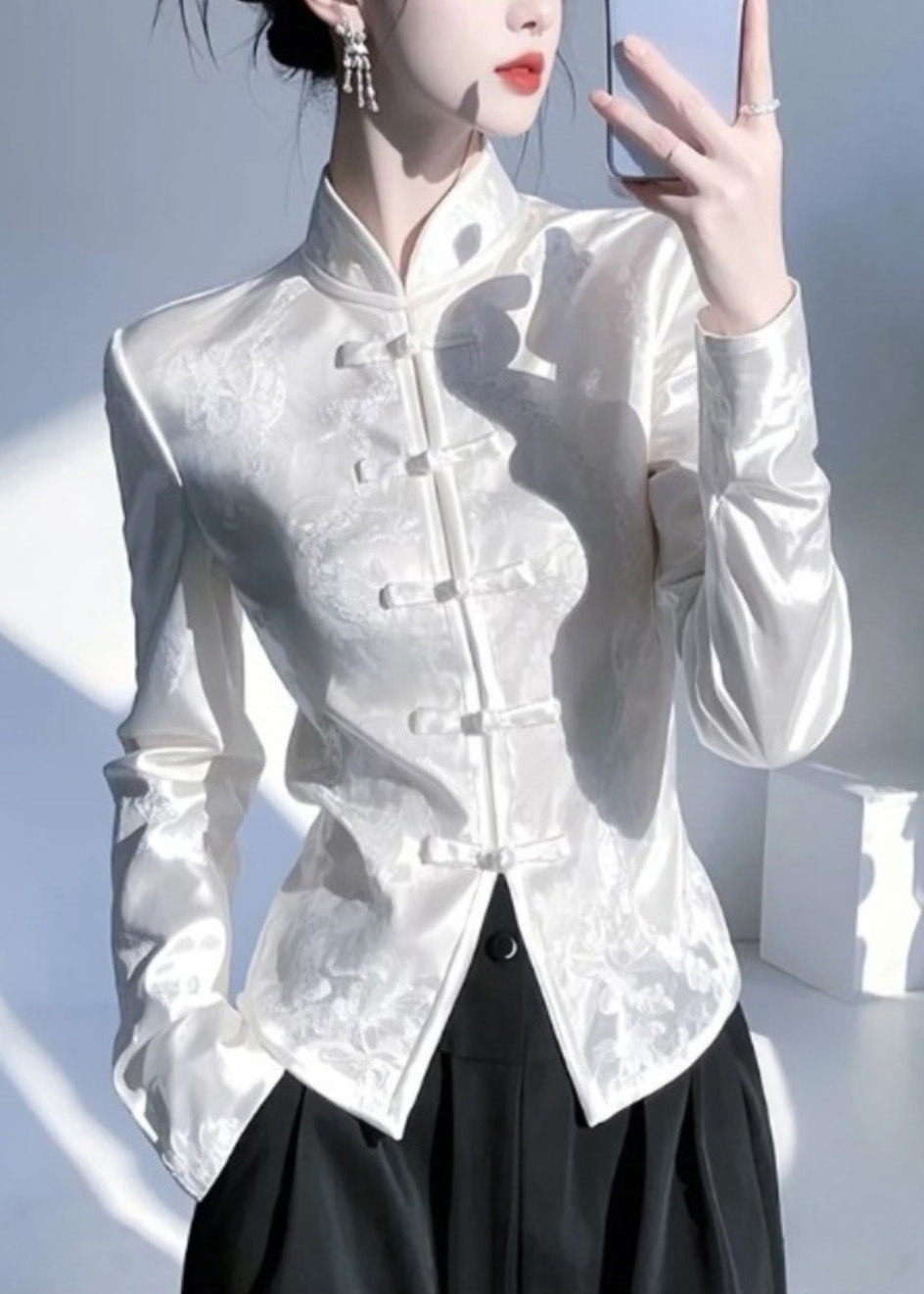 Chemise blanche en soie à col montant et boutons orientaux de style chinois, printemps YZ018