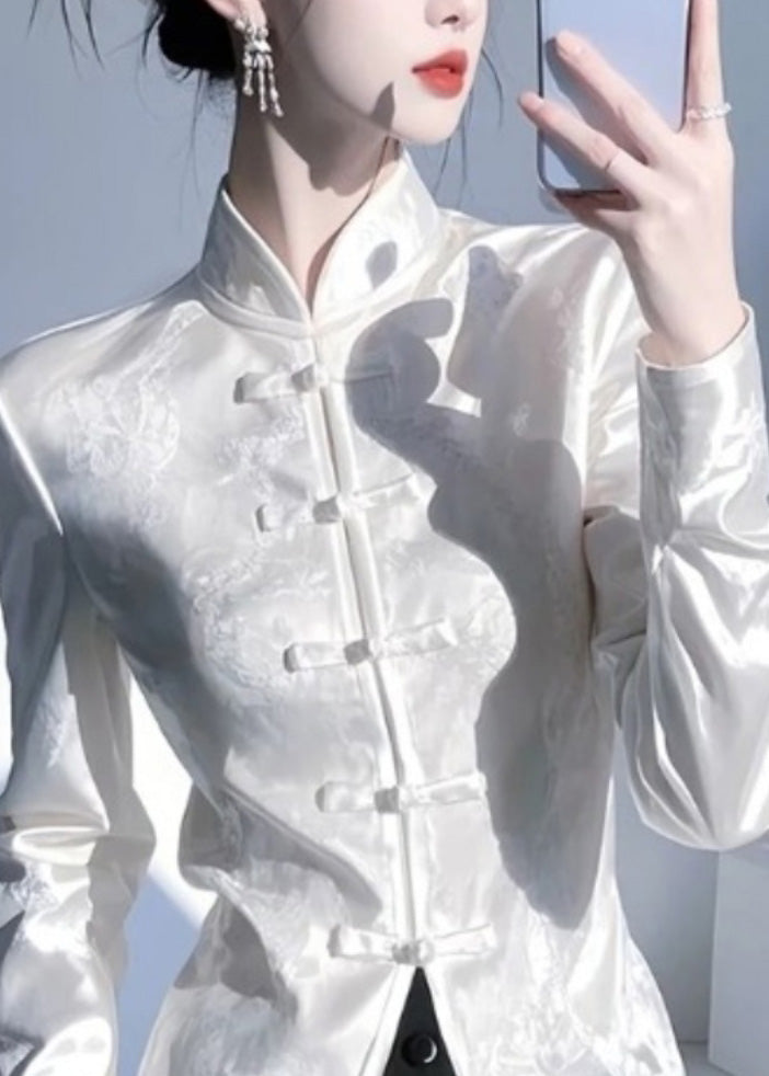Chemise blanche en soie à col montant et boutons orientaux de style chinois, printemps YZ018