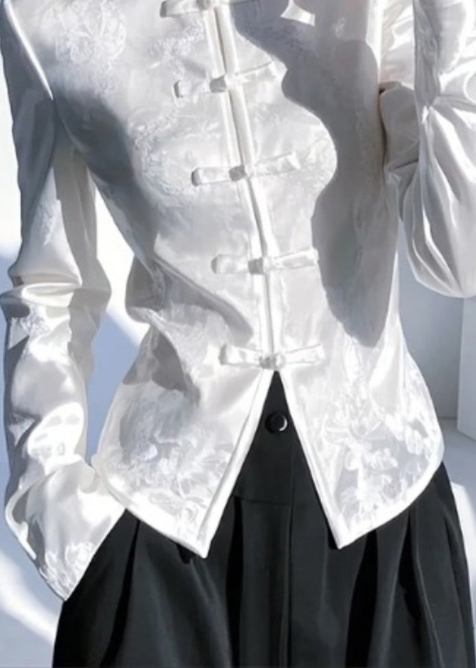Chemise blanche en soie à col montant et boutons orientaux de style chinois, printemps YZ018