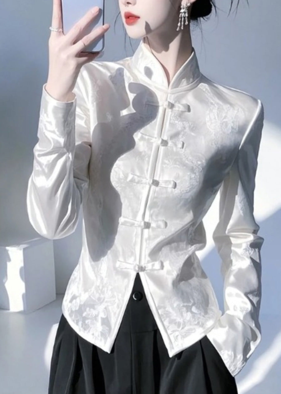 Chemise blanche en soie à col montant et boutons orientaux de style chinois, printemps YZ018