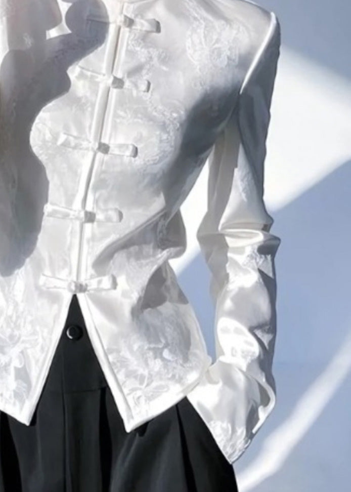 Chemise blanche en soie à col montant et boutons orientaux de style chinois, printemps YZ018