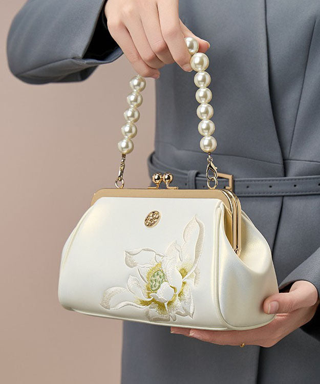 Cowhide Handbag Crossbody Embroidered White Pearl Chinese