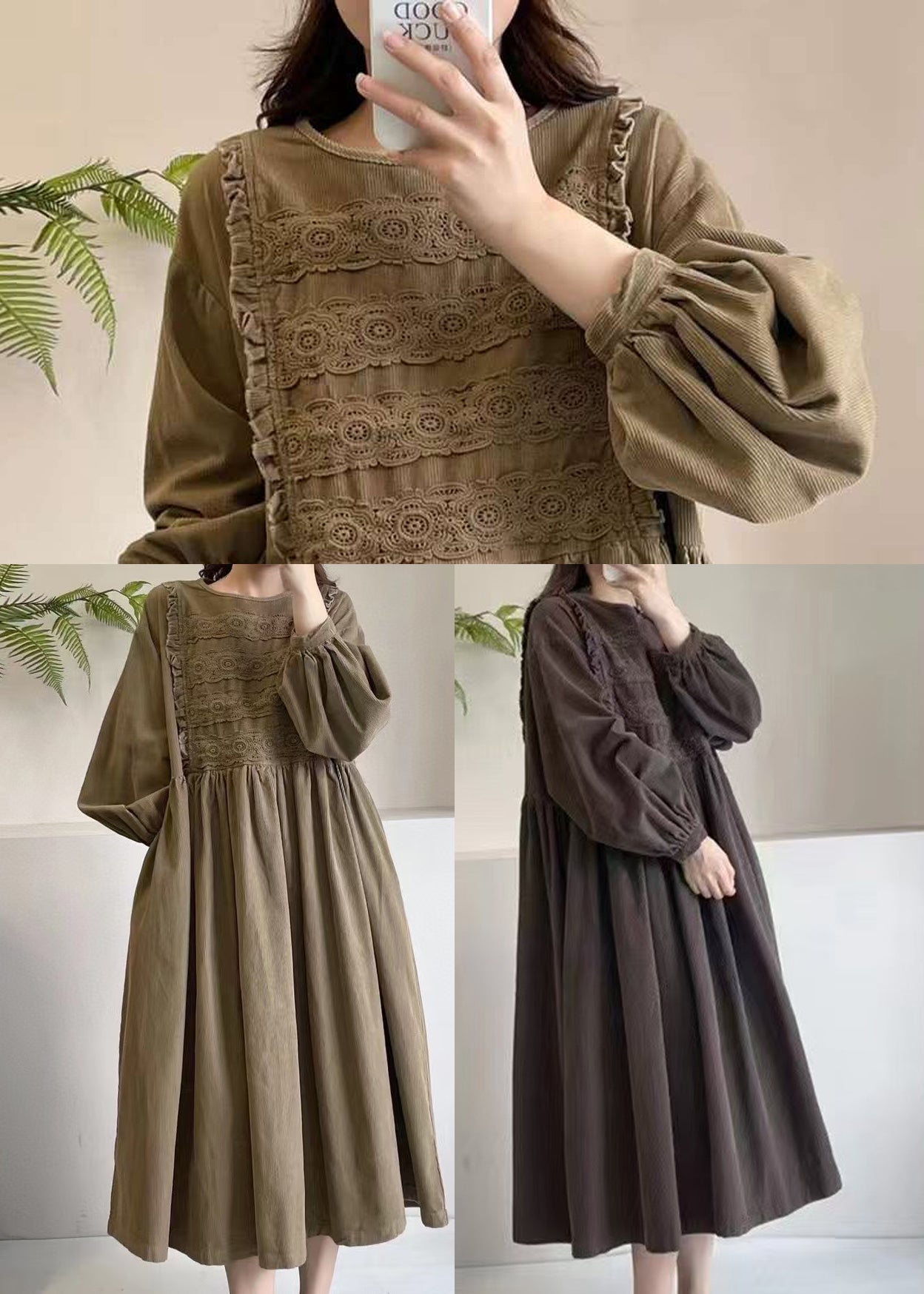 Besticktes, schokoladenbraunes, extra langes Frühlingscordkleid