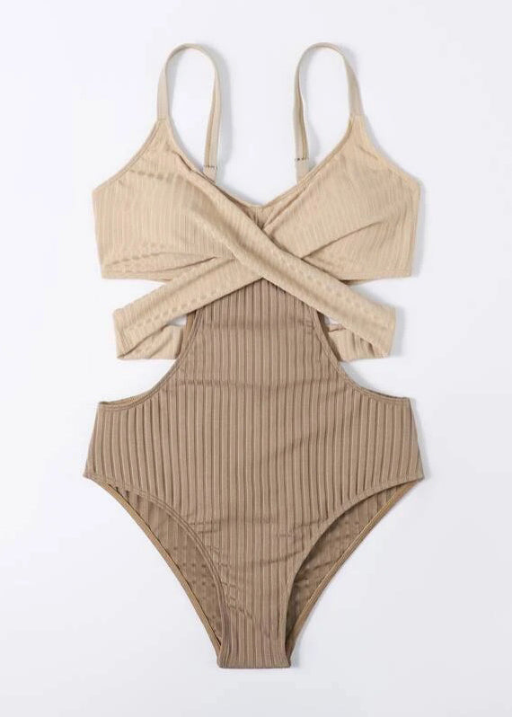 Classy Beige Striped Patchwork Backless Swimwear Bodysuit VC056