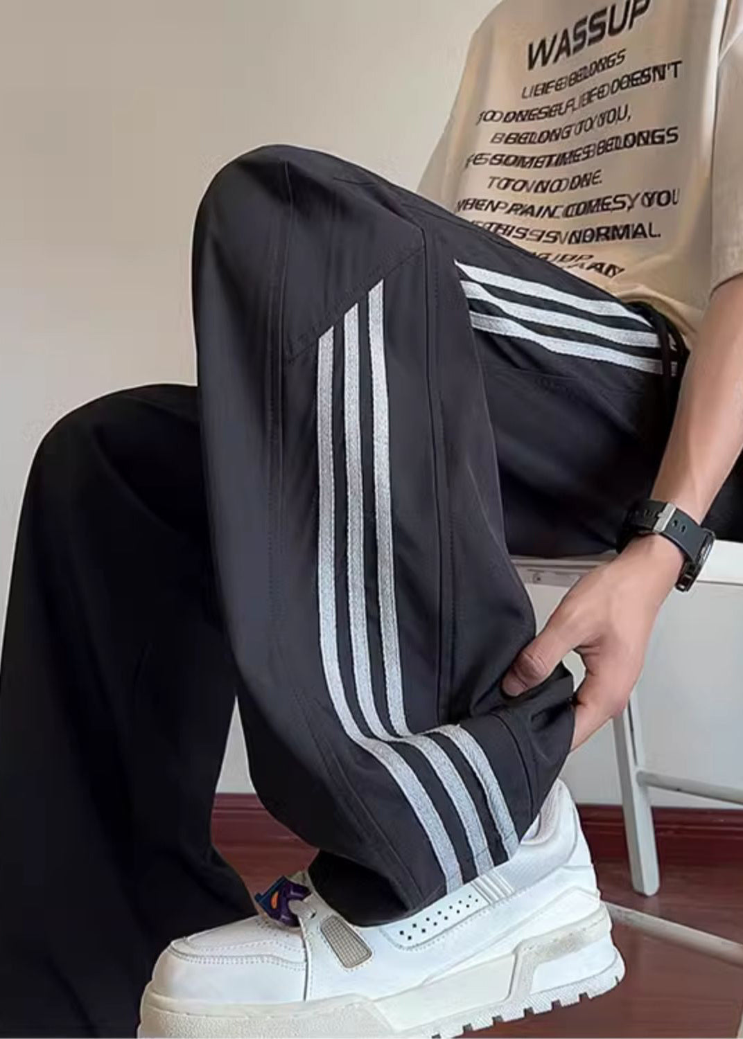 Pantalon noir élégant de printemps surdimensionné en coton rayé pour homme