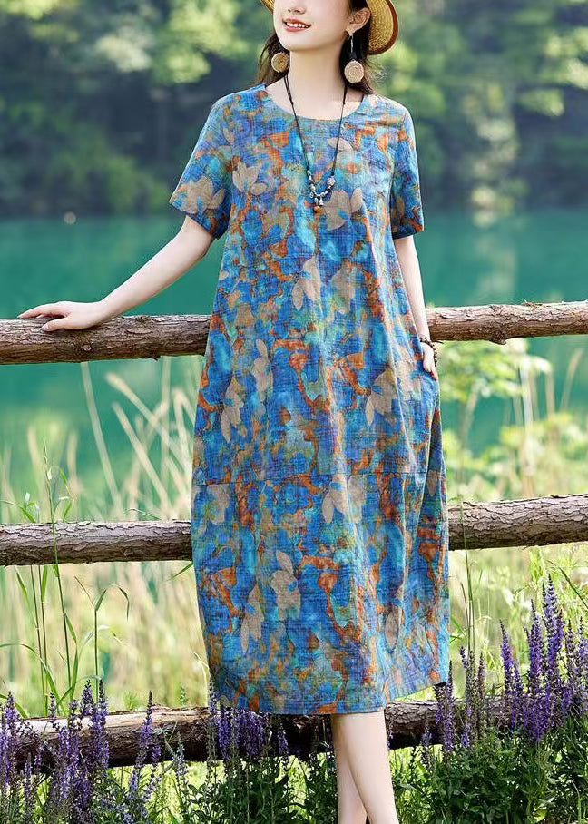 Drucken Baumwolle Lange Blau Kleid Sommer Classy O-Ausschnitt