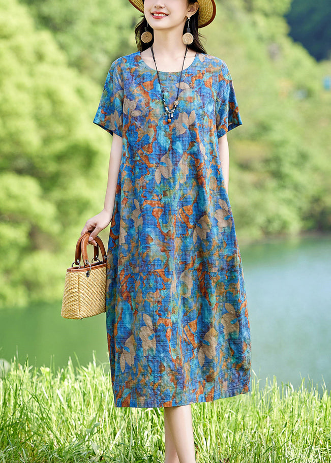 Drucken Baumwolle Lange Blau Kleid Sommer Classy O-Ausschnitt