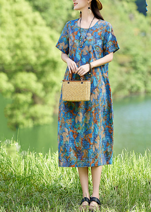 Drucken Baumwolle Lange Blau Kleid Sommer Classy O-Ausschnitt