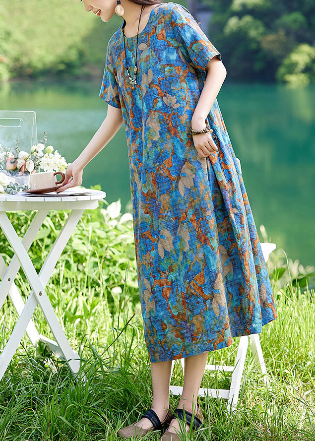 Drucken Baumwolle Lange Blau Kleid Sommer Classy O-Ausschnitt