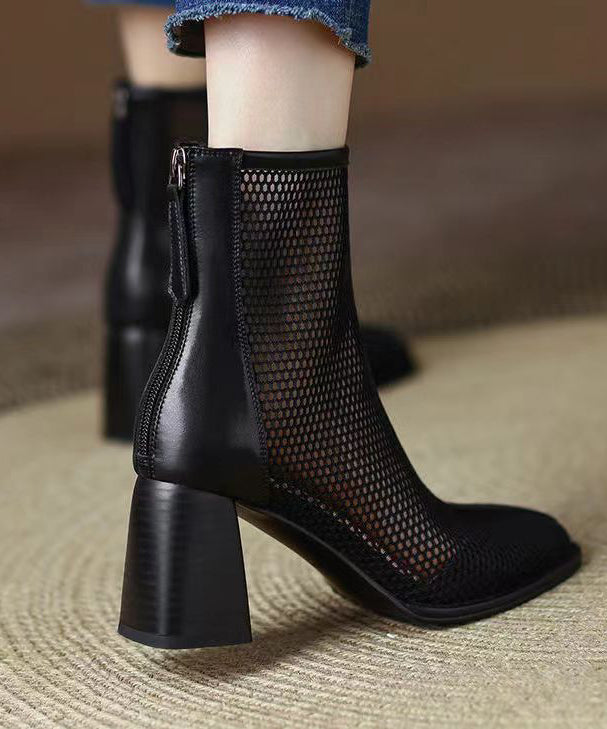 Edle braune Stiefel mit ausgehöhltem Tüll und dickem Absatz CZ1009