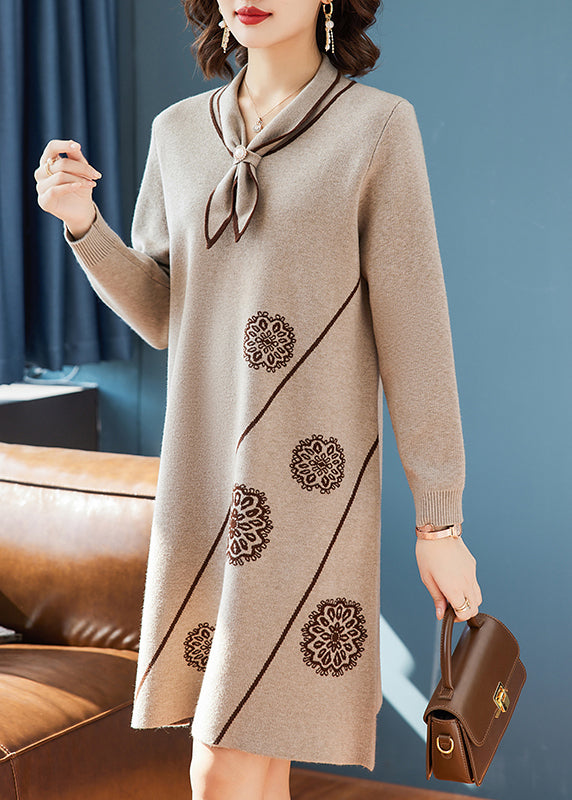 Robe pull en tricot à imprimé nœud camel chic, printemps TQ017