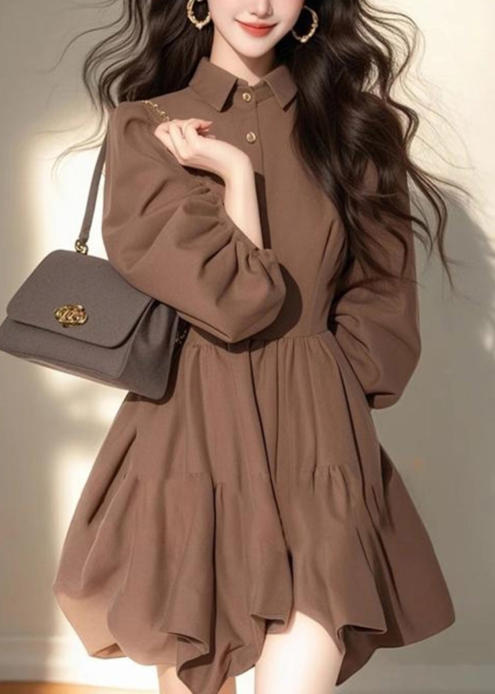 Kragen Pan Classy Kleid Kaffee Mid Button Patchwork Half Peter