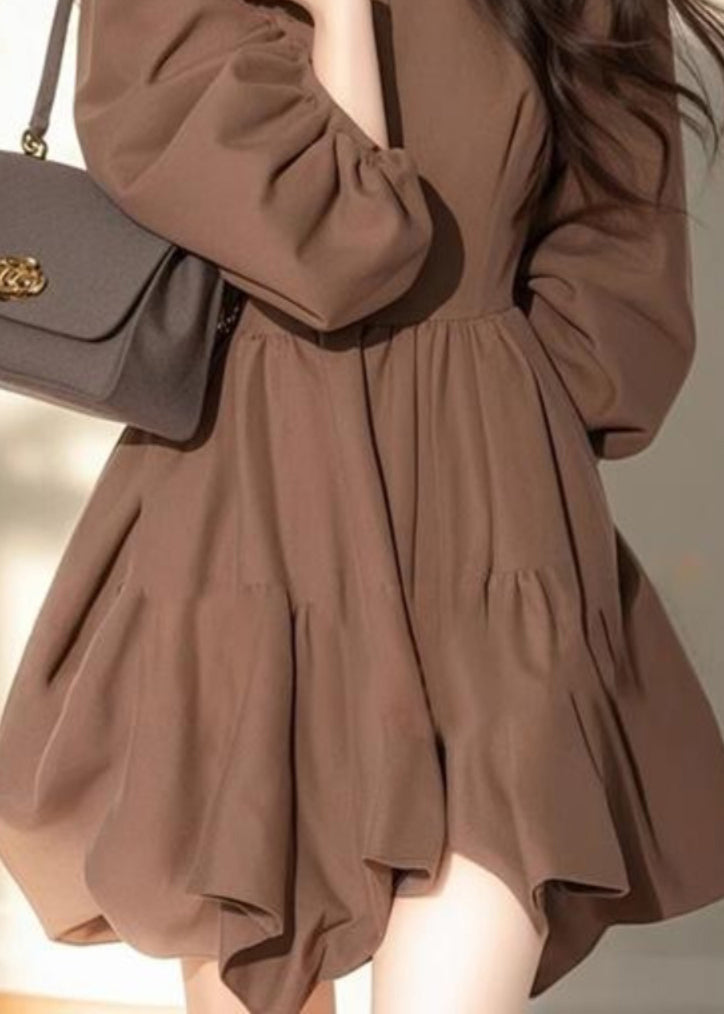 Kragen Pan Classy Kleid Kaffee Mid Button Patchwork Half Peter