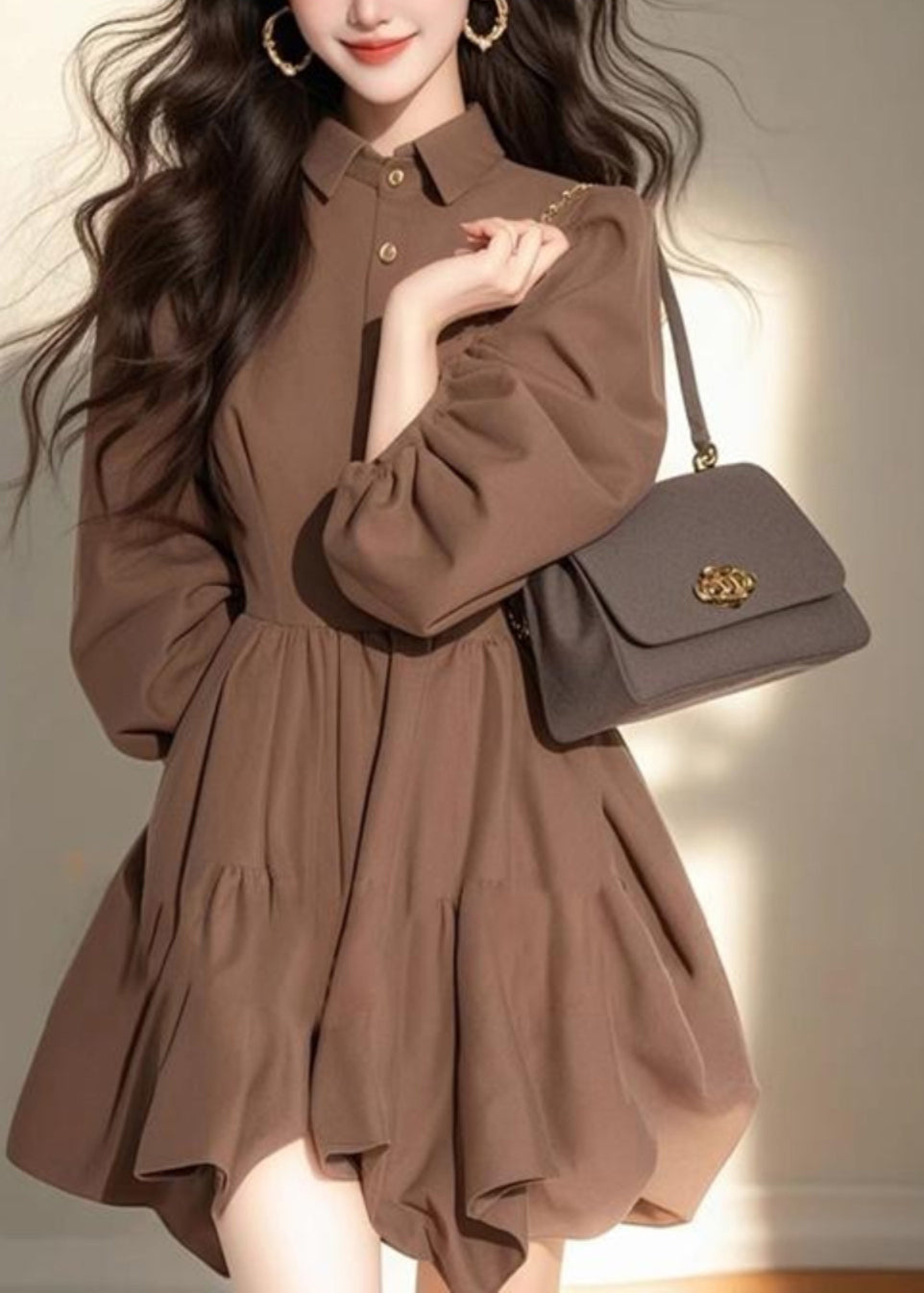 Kragen Pan Classy Kleid Kaffee Mid Button Patchwork Half Peter