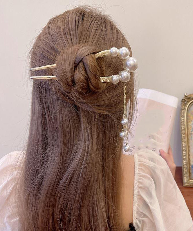 Épingle à cheveux élégante en forme de U avec pompon en perles et alliage d'argent sterling doré QD047