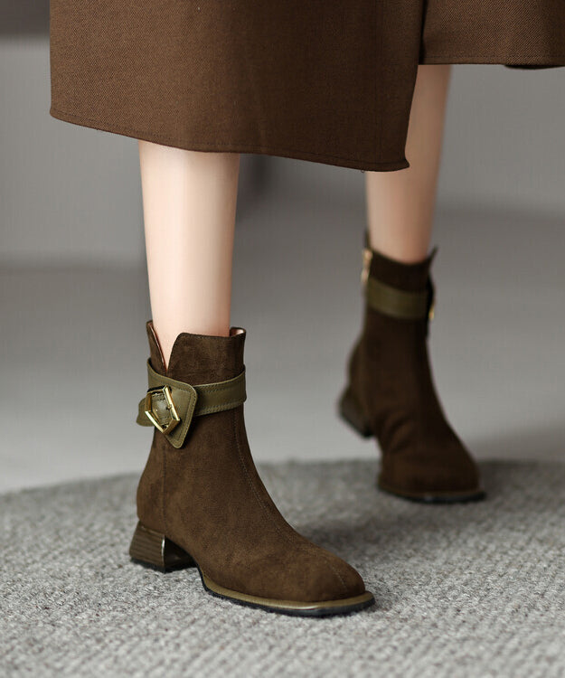 Classy Green Boots Chunky Suede Fitted Splicing Zippered YC012