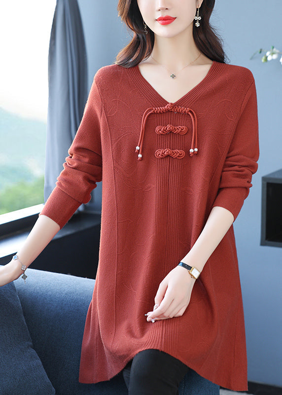 Edler grüner langer Wollpullover mit V-Ausschnitt und Print, Winter RL015