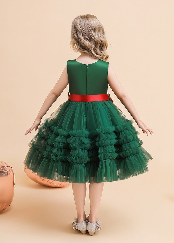 Robe longue verte élégante en tulle à col en V et ceinture nouée pour fille, tenue d'été RP036
