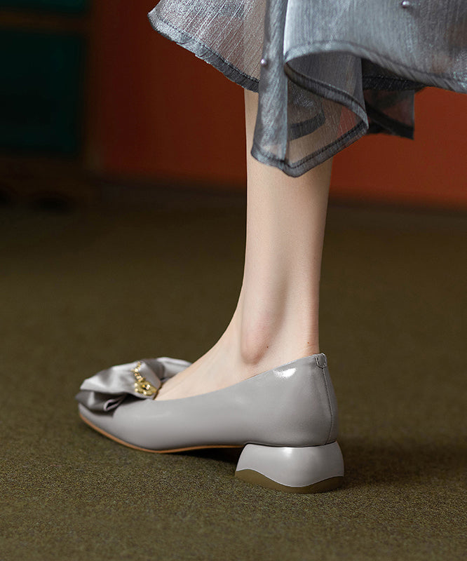 Grey Cowhide Classy Flat Splicing Shoes Chunky Leather Bow