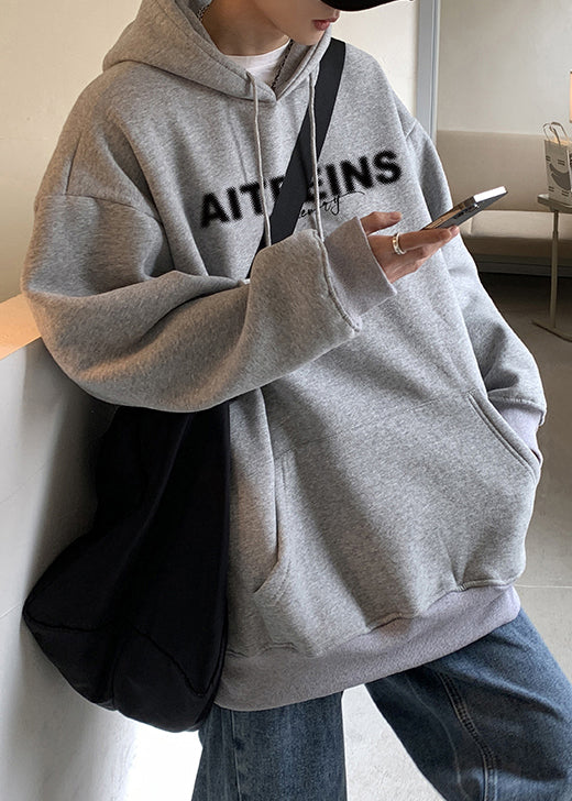 Classy Grau Mit Kapuze Brief Warme Fleece Herren Sweatshirts Frühling YQ023