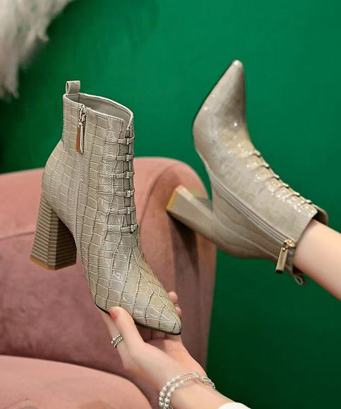 Edle graue Stiefel mit Reißverschluss und klobigem Absatz und spitzer Zehenpartie TP018