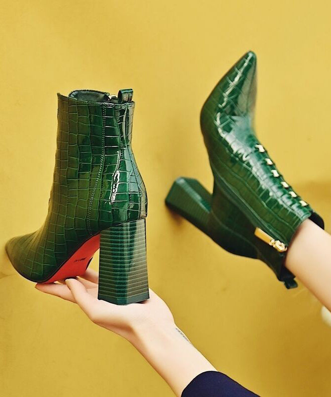 Edle graue Stiefel mit Reißverschluss und klobigem Absatz und spitzer Zehenpartie TP018